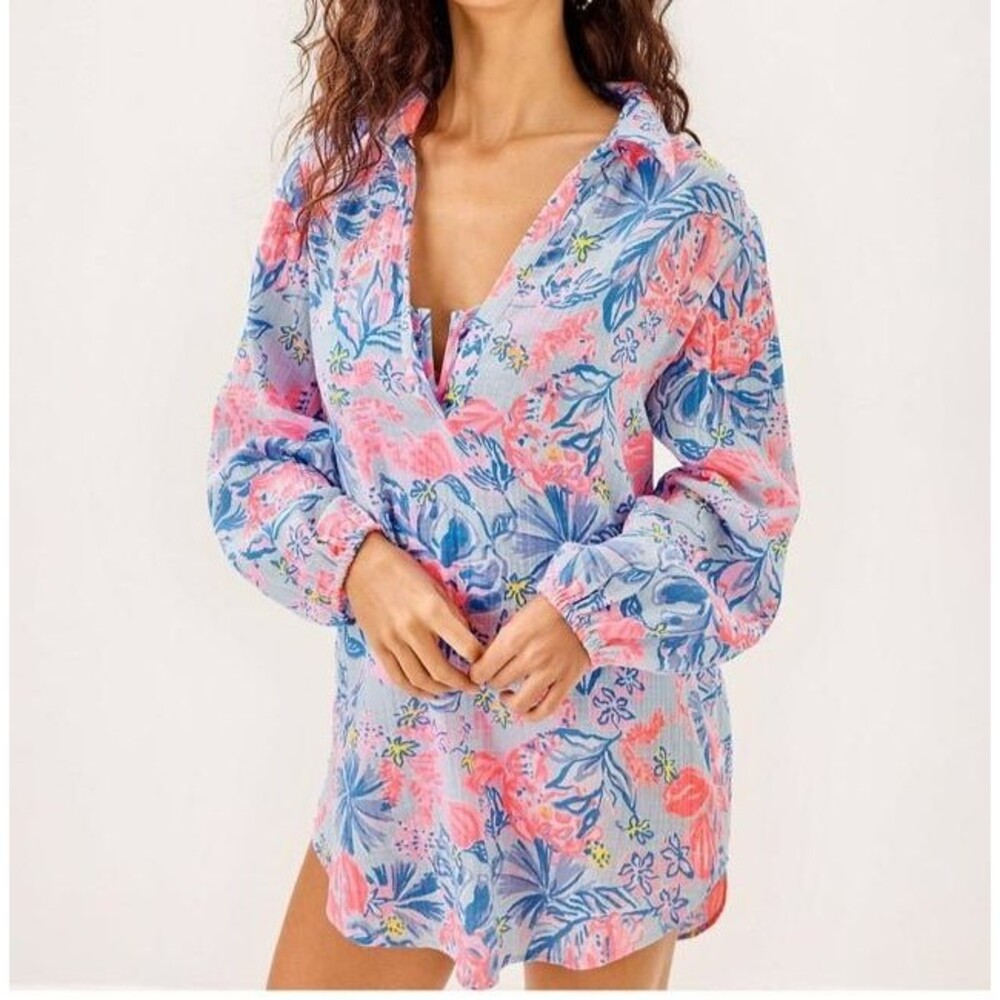 Lilly Pulitzer Kique Long Sleeve Cover-Up Mini Dress Printed Cotton XL 290355